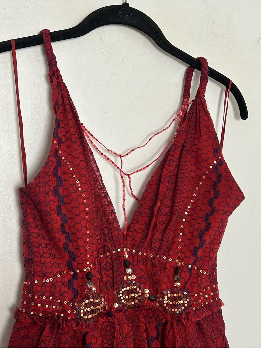 Free People Y2K Red Purple Embroidered Sequin Beaded Boho Dress Size 2